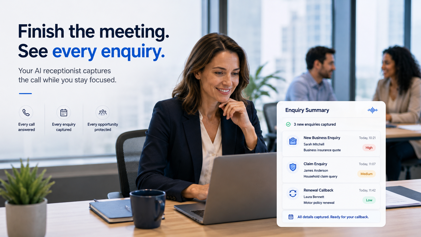 Insurance broker reviewing captured new business, claim and renewal enquiries after a meeting
