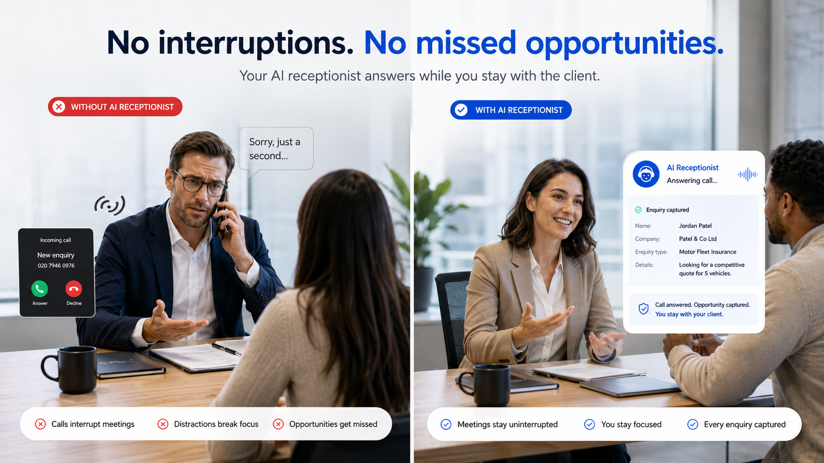 Comparison showing an interrupted broker meeting without an AI receptionist and an uninterrupted meeting with one
